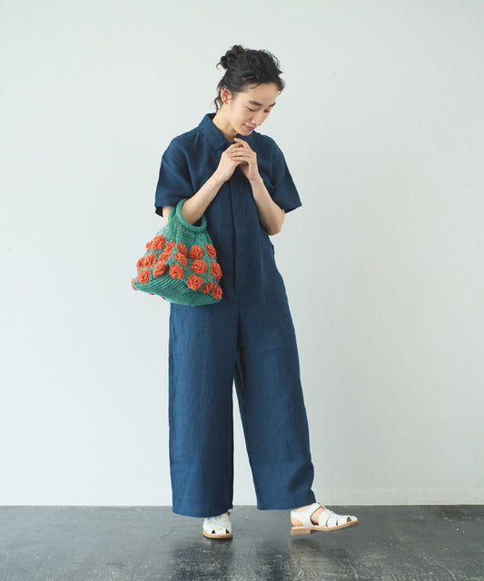 (sold)オリジナルフレンチリネン 半袖比翼オールインワン