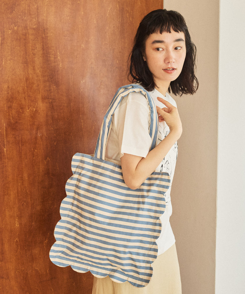 ストライプ　スカラップトート