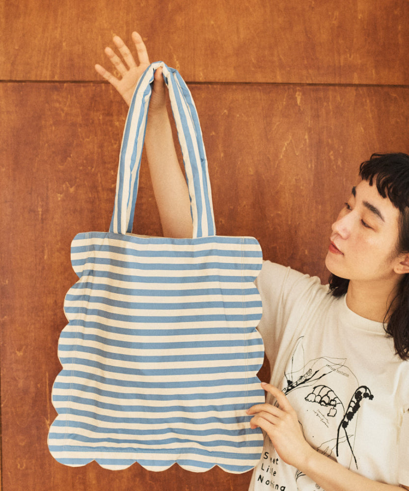 ストライプ　スカラップトート