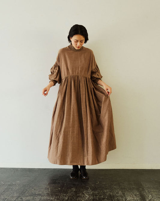 コットンキュプラリネン　モックネックシャーリングワンピース/UT254OP001